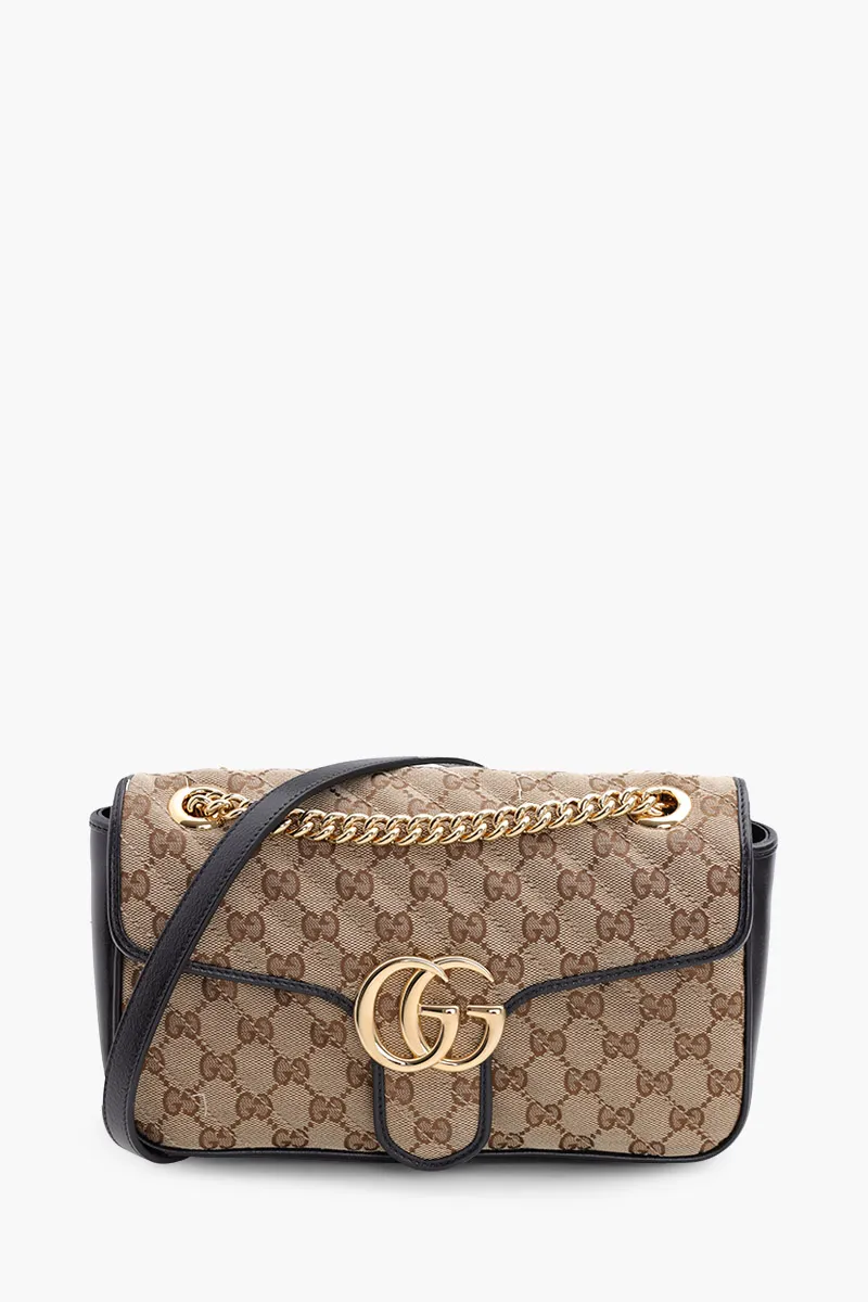 GUCCI Small GG Marmont Shoulder Bag in Beige/Ebony/Black Canvas GHW 0