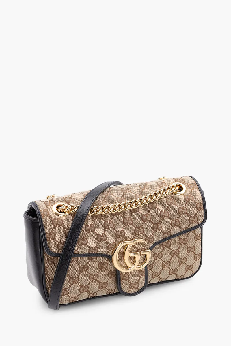 GUCCI Small GG Marmont Shoulder Bag in Beige/Ebony/Black Canvas GHW 2