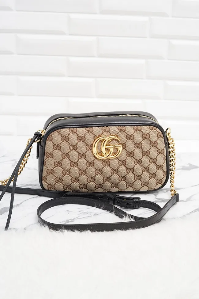 GUCCI Small GG Marmont Zipper Shoulder Bag in Beige/Ebony/Black GHW 0