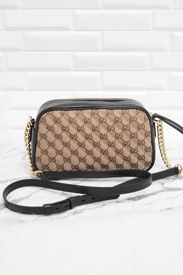 GUCCI Small GG Marmont Zipper Shoulder Bag in Beige/Ebony/Black GHW 1