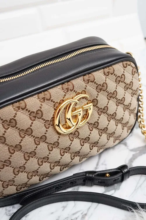GUCCI Small GG Marmont Zipper Shoulder Bag in Beige/Ebony/Black GHW 2
