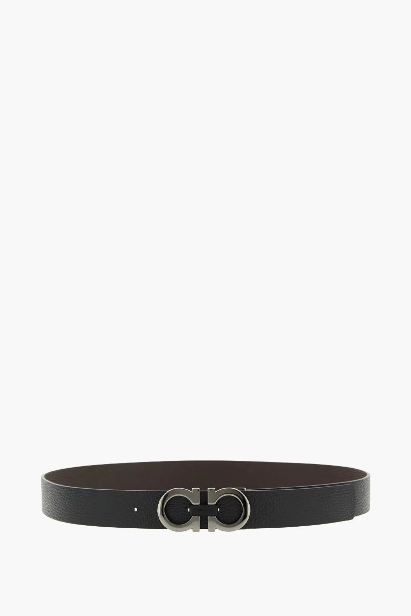 SALVATORE FERRAGAMO Men Reversible Glossy Gancini Belt 3cm in Black/Hickory Grained Calfskin SHW 0