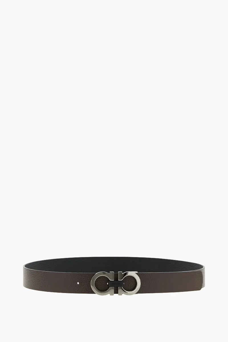 SALVATORE FERRAGAMO Men Reversible Glossy Gancini Belt 3cm in Black/Hickory Grained Calfskin SHW 1