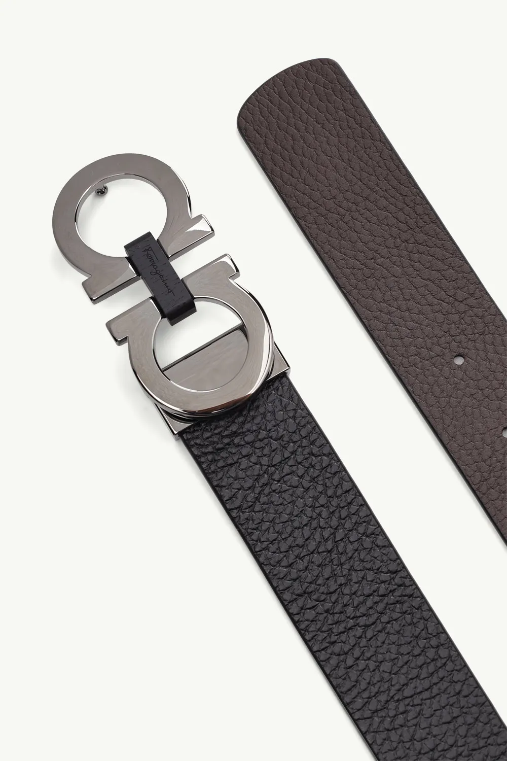 SALVATORE FERRAGAMO Men Reversible Glossy Gancini Belt 3cm in Black/Hickory Grained Calfskin SHW 3