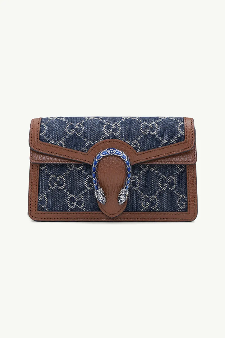 GUCCI Super Mini GG Supreme Dionysus Chain Shoulder Bag in Dark Blue/Brown Denim x Leather 0
