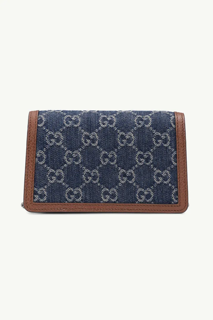GUCCI Super Mini GG Supreme Dionysus Chain Shoulder Bag in Dark Blue/Brown Denim x Leather 1