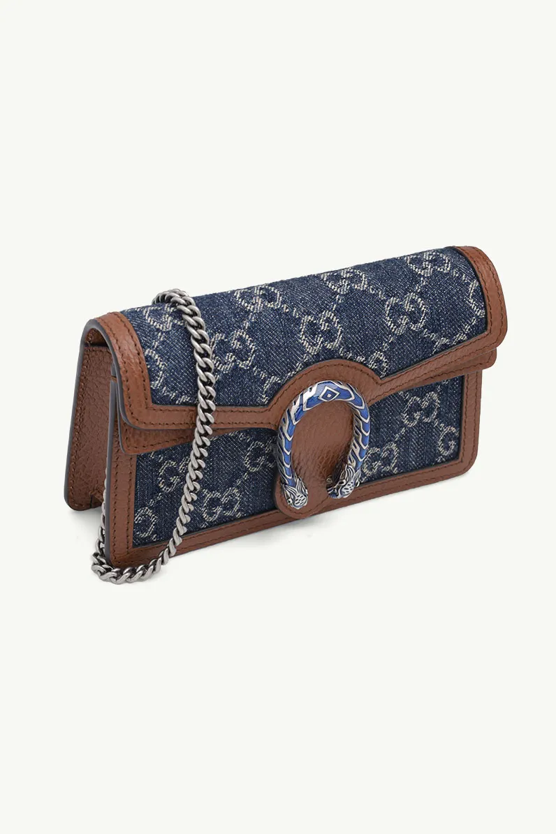 GUCCI Super Mini GG Supreme Dionysus Chain Shoulder Bag in Dark Blue/Brown Denim x Leather 2