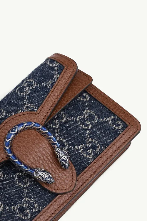 GUCCI Super Mini GG Supreme Dionysus Chain Shoulder Bag in Dark Blue/Brown Denim x Leather 3