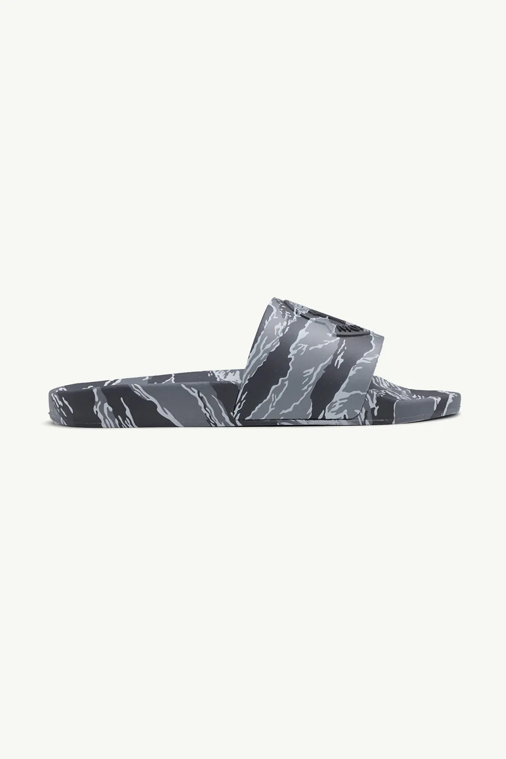 MONCLER Men Basile Tiger Print Slides in Grey Multicolor with 3D Logo 0