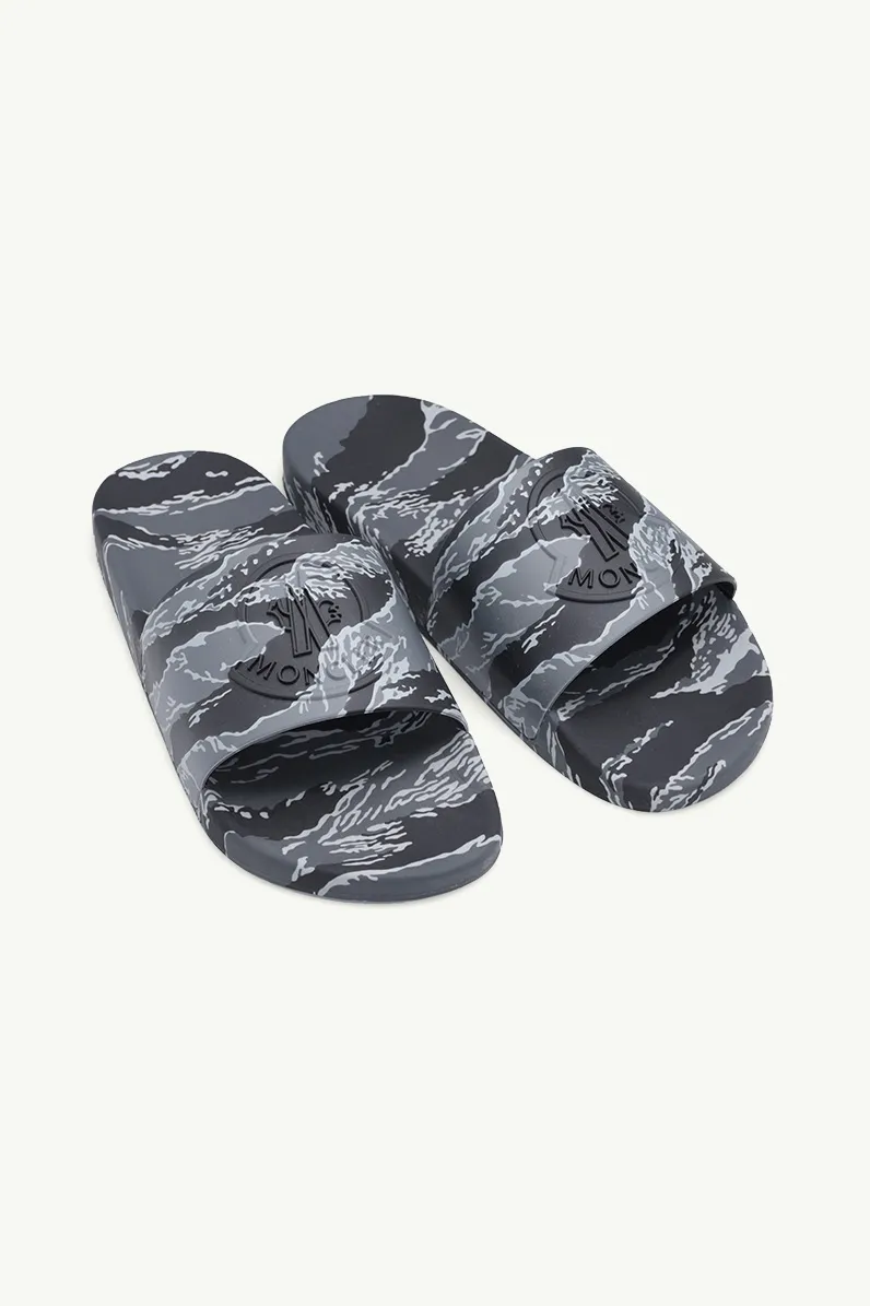 MONCLER Men Basile Tiger Print Slides in Grey Multicolor with 3D Logo 1