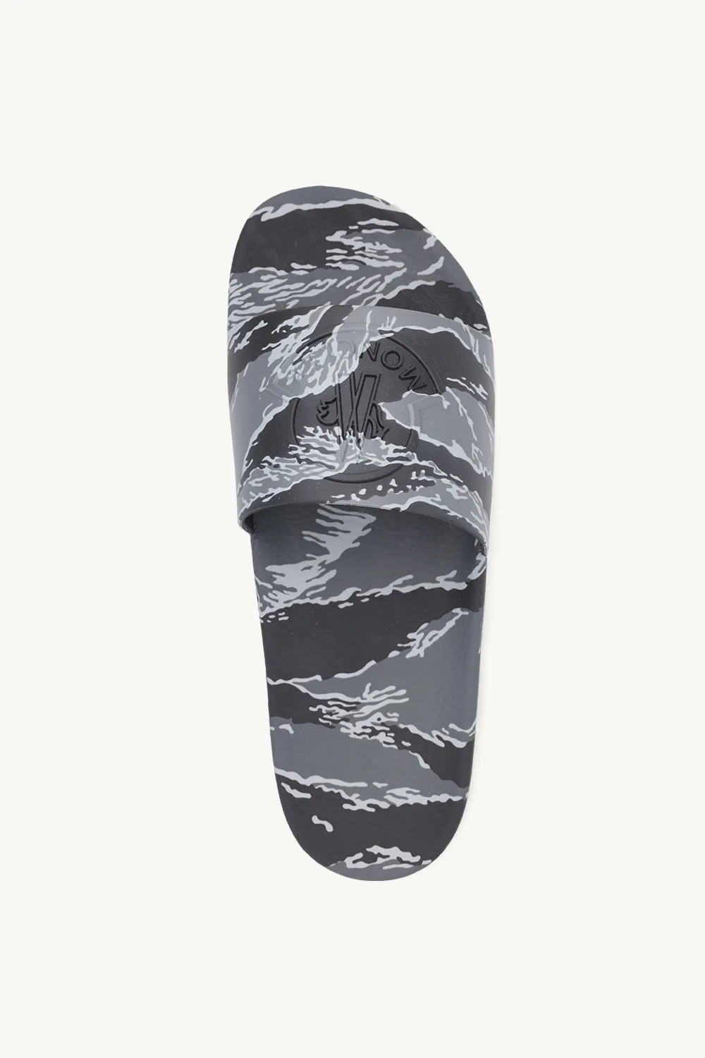 MONCLER Men Basile Tiger Print Slides in Grey Multicolor with 3D Logo 3