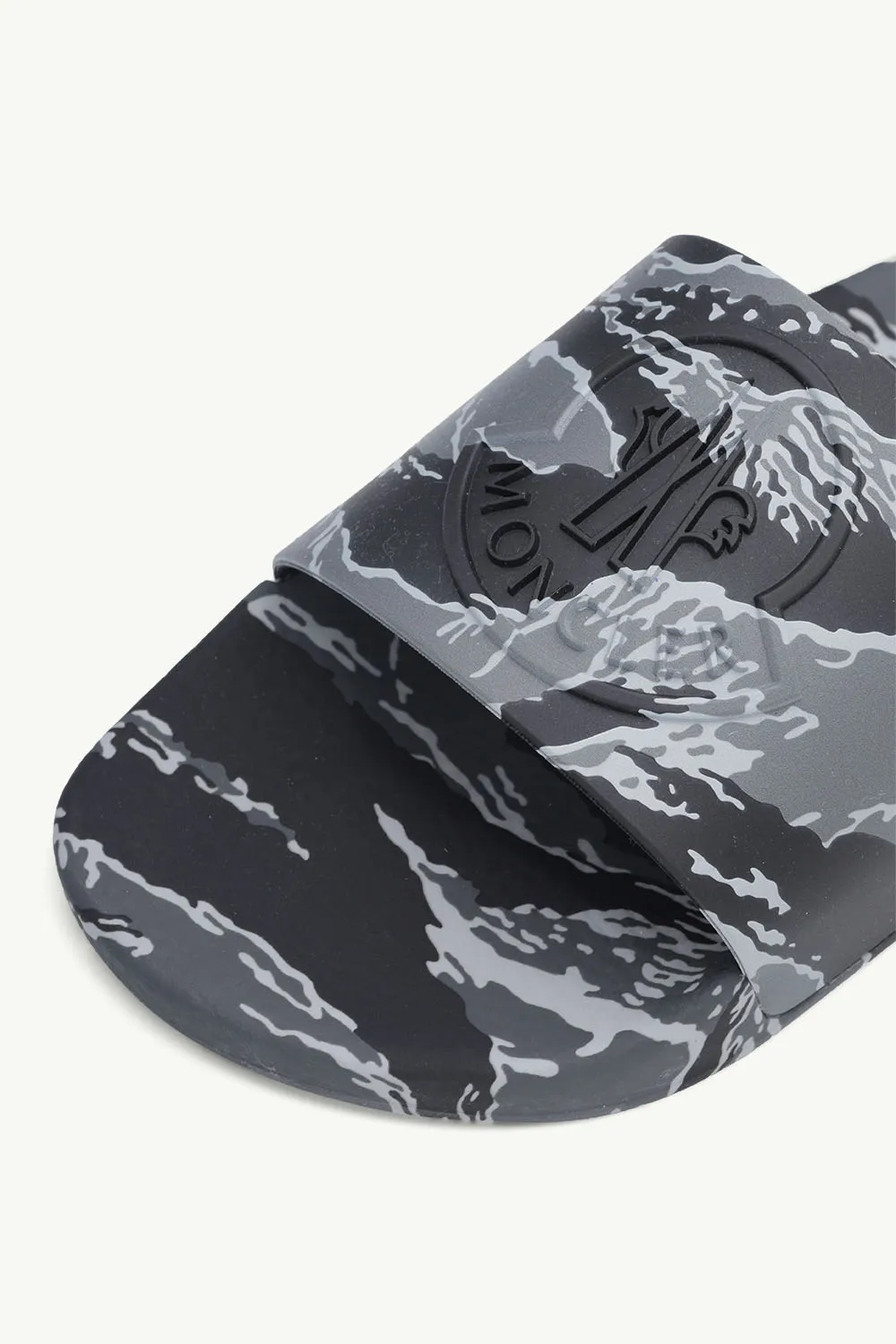 MONCLER Men Basile Tiger Print Slides in Grey Multicolor with 3D Logo 4