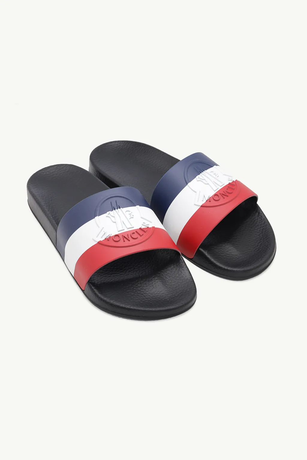 MONCLER Jeanne Logo Embossed Slides in Black/Blue/Red 1