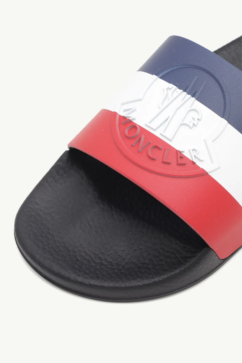 MONCLER Jeanne Logo Embossed Slides in Black/Blue/Red 4