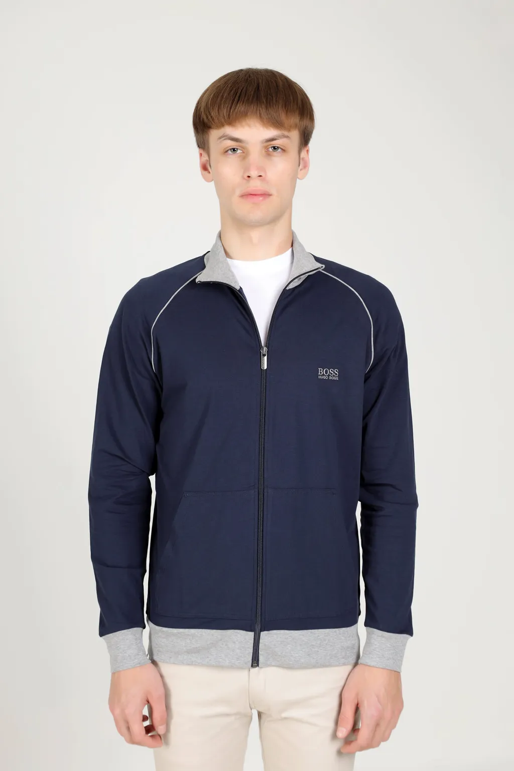 HUGO BOSS Men Mix & Match Loungwear Track Suit Jacket in Dark Blue/Grey Stretch-Cotton 1
