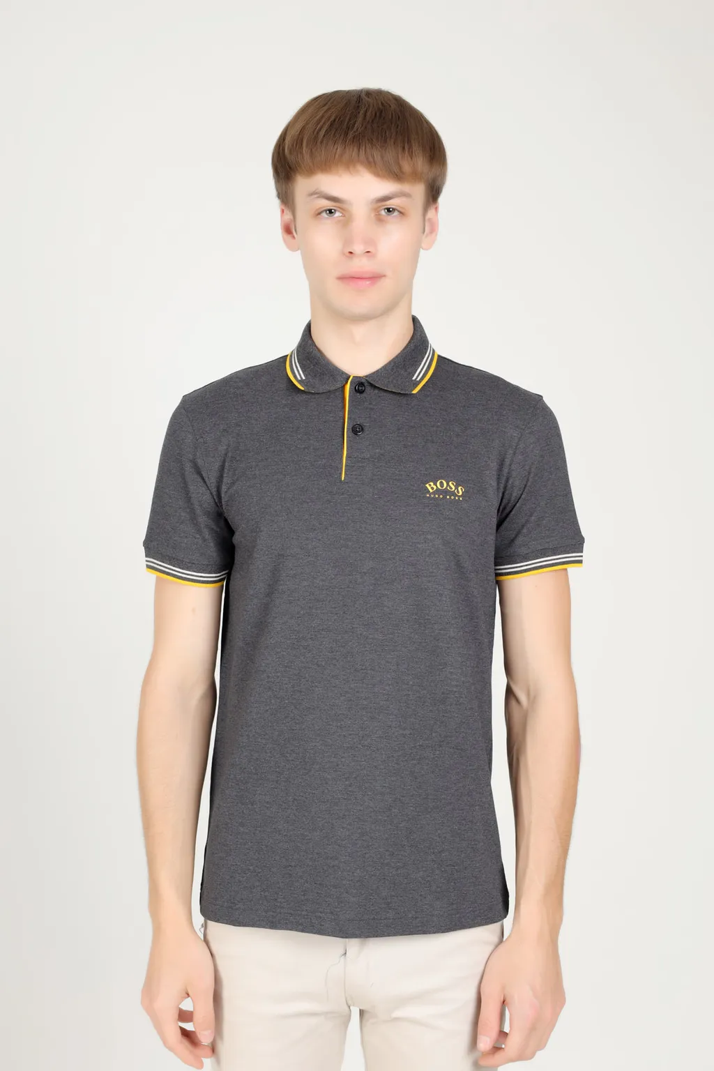 HUGO BOSS Men Slim Fit Polo Shirt in Dark Grey/White/Yellow with Curved Logo 1