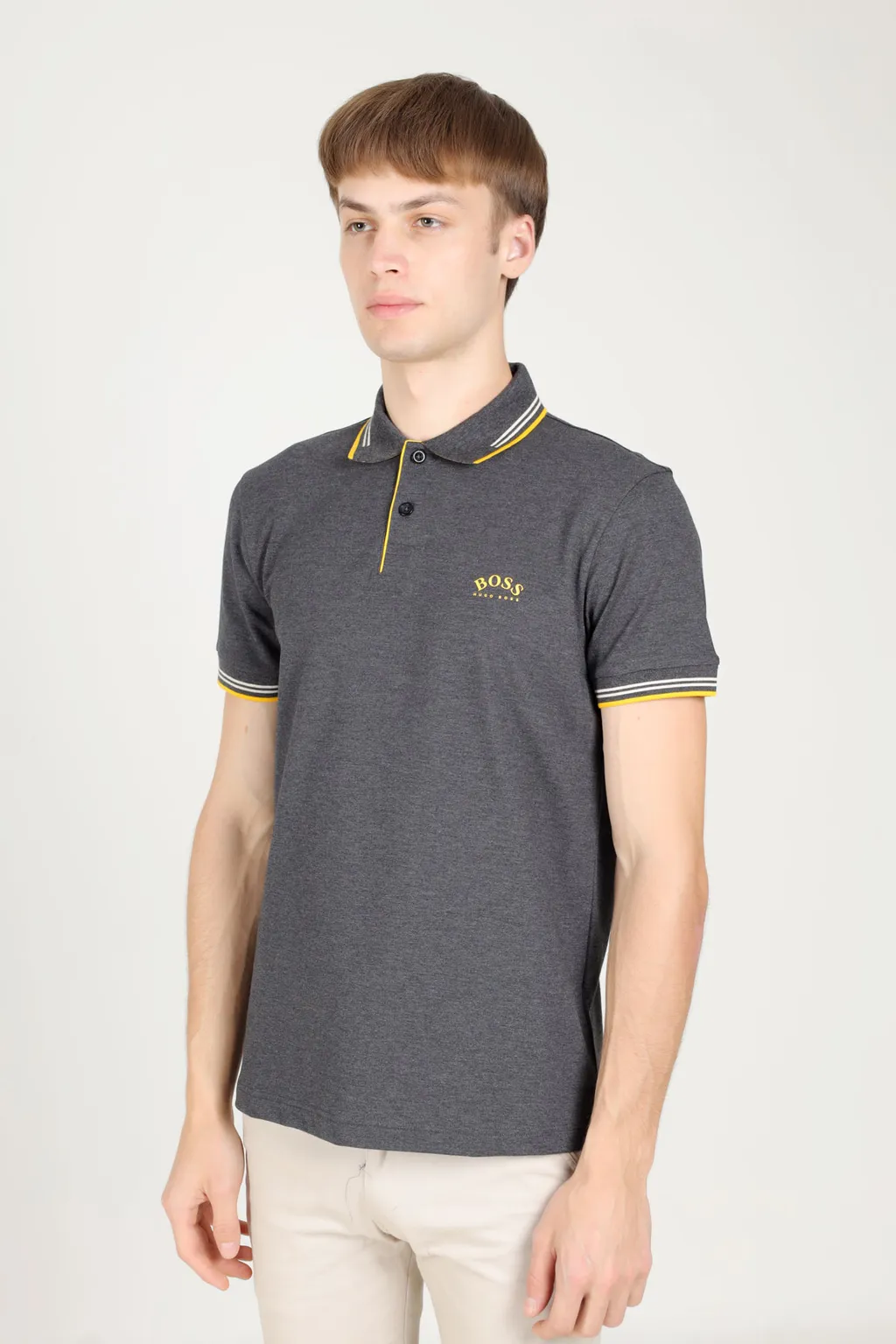 HUGO BOSS Men Slim Fit Polo Shirt in Dark Grey/White/Yellow with Curved Logo 3