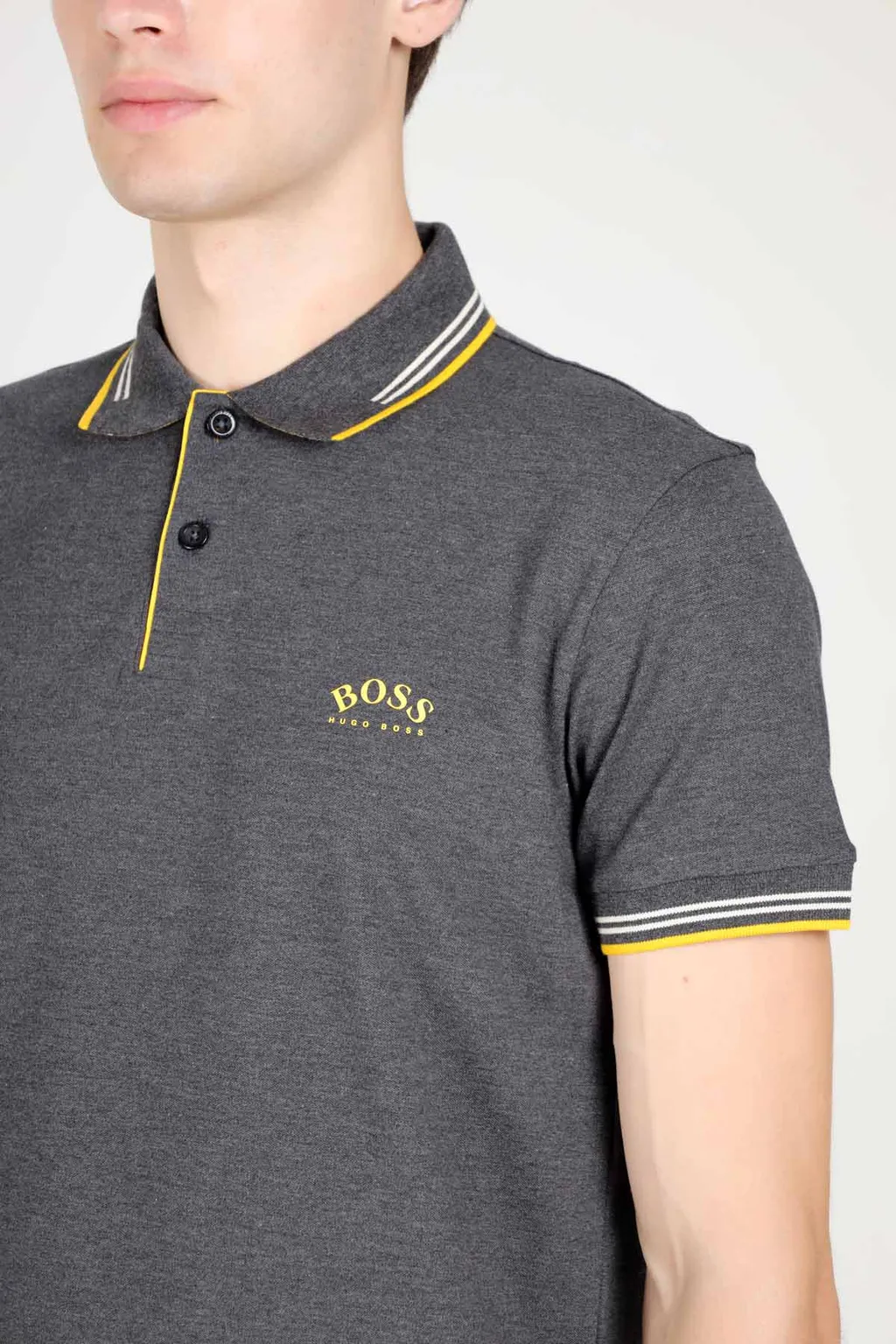 HUGO BOSS Men Slim Fit Polo Shirt in Dark Grey/White/Yellow with Curved Logo 4