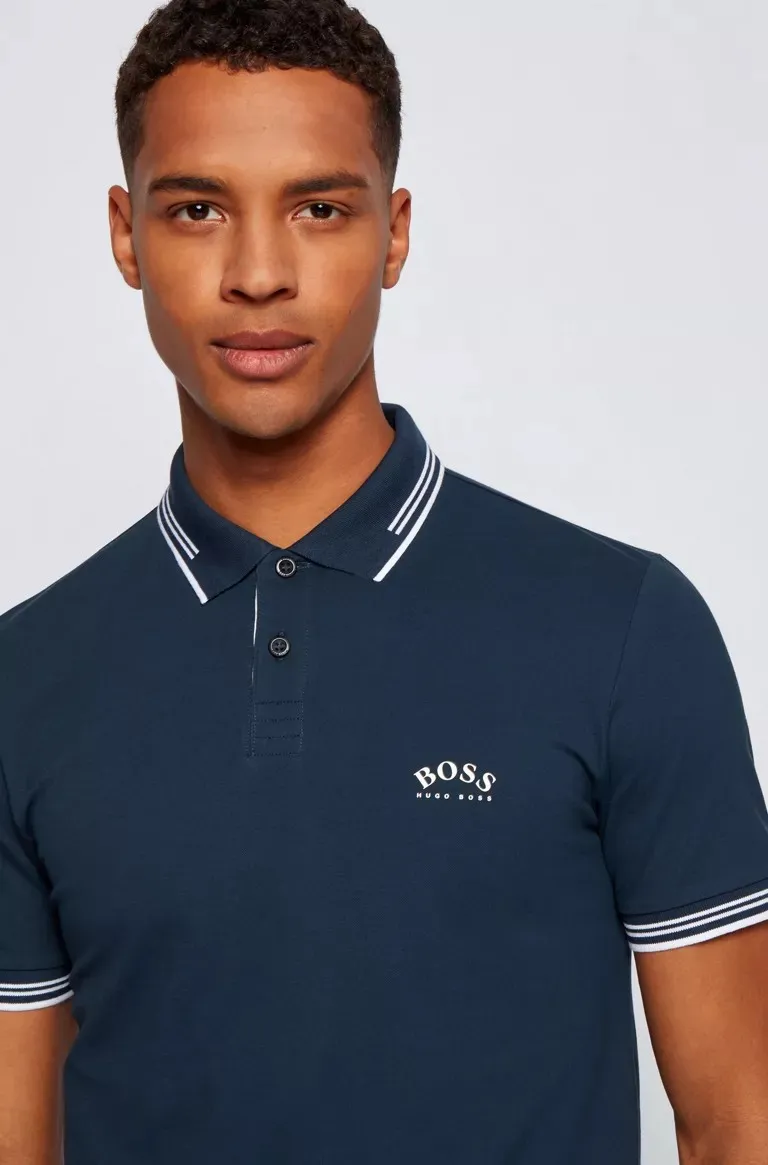 HUGO BOSS Men Slim Fit Polo Shirt in Blue/White with Curved Logo 1