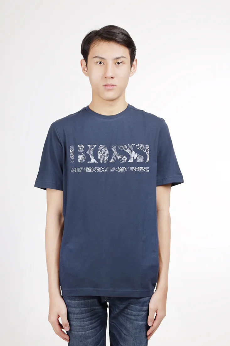 HUGO BOSS Men Botanical Logo Regular Fit T-Shirt in Dark Blue Cotton Jersey 4