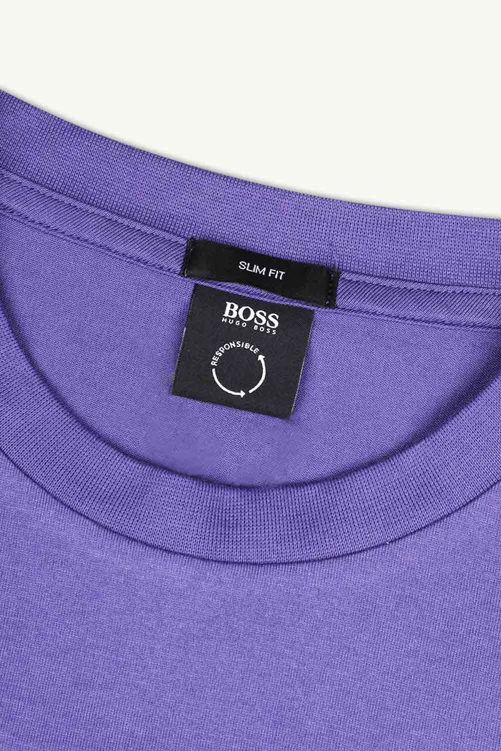 HUGO BOSS Men Tessler Slim Fit T-Shirt in Purple Cotton Jersey with Multicolor Logos 3