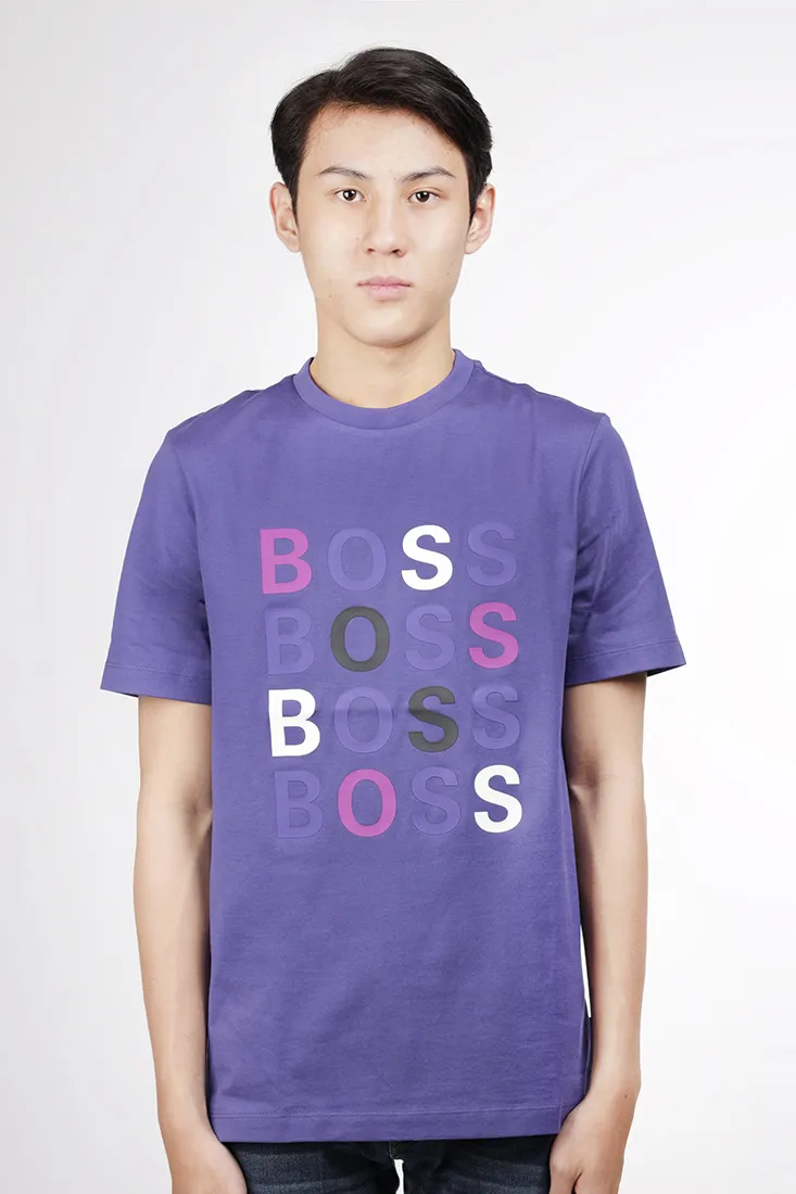 HUGO BOSS Men Tessler Slim Fit T-Shirt in Purple Cotton Jersey with Multicolor Logos 4