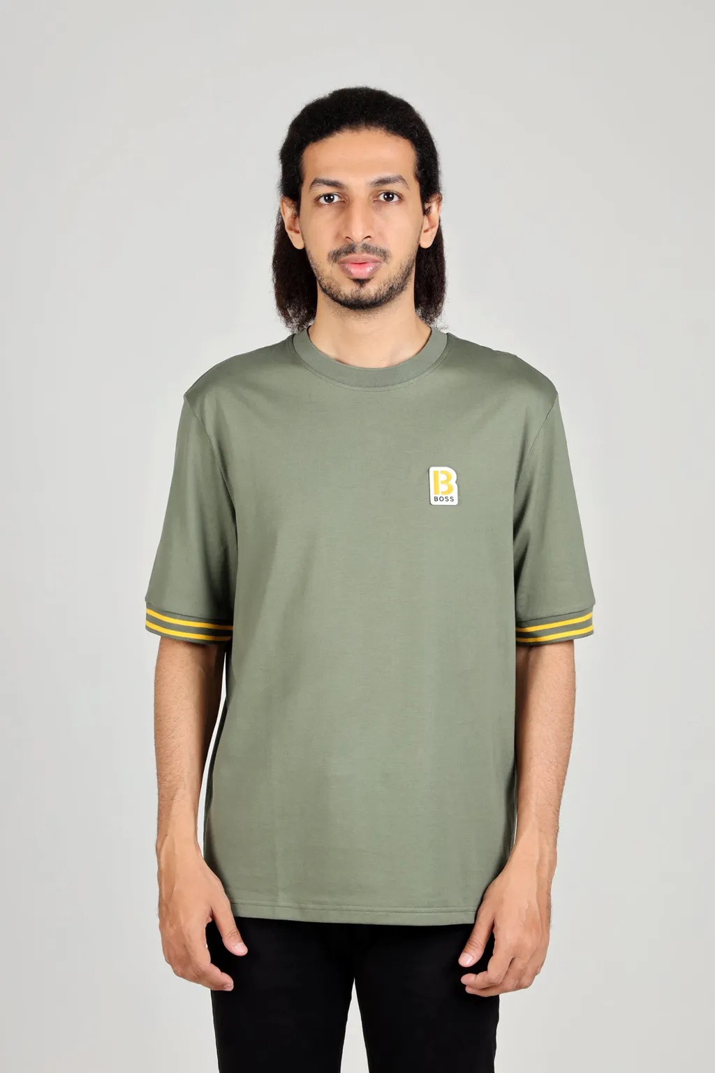 HUGO BOSS Men Temixo Confort Fit T-Shirt in Light Green Melange-Cotton with Printed & Embroidered Logo 1