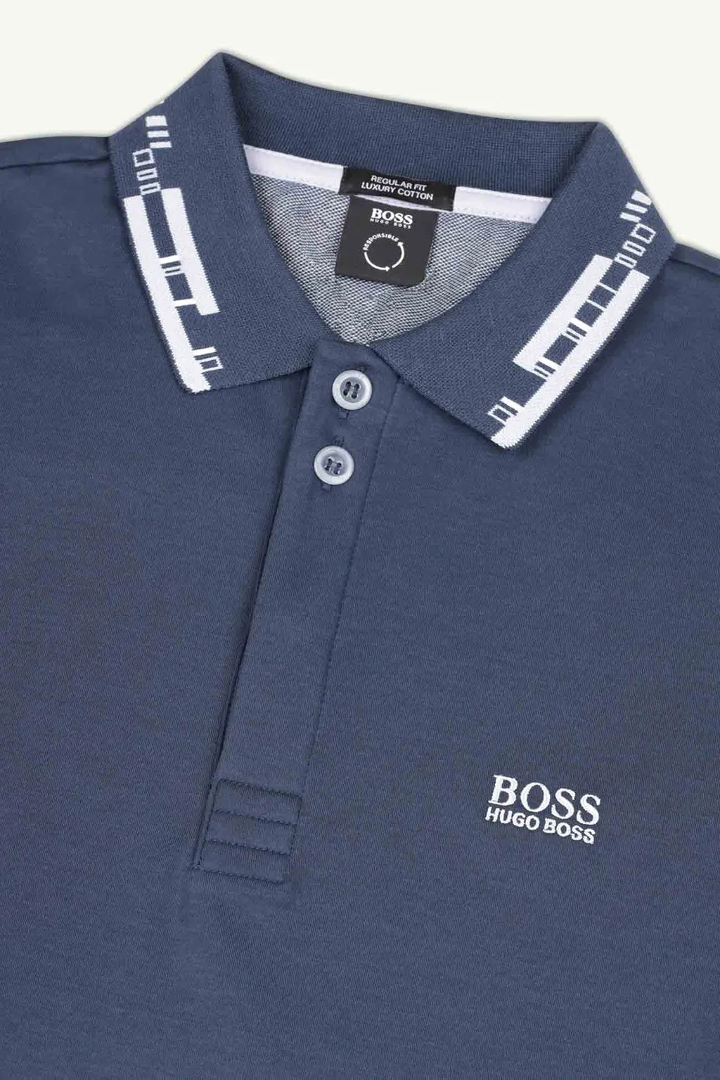 HUGO BOSS Men Regular Fit Polo Shirt in Dark Blue Cotton with Patterned Collar 2