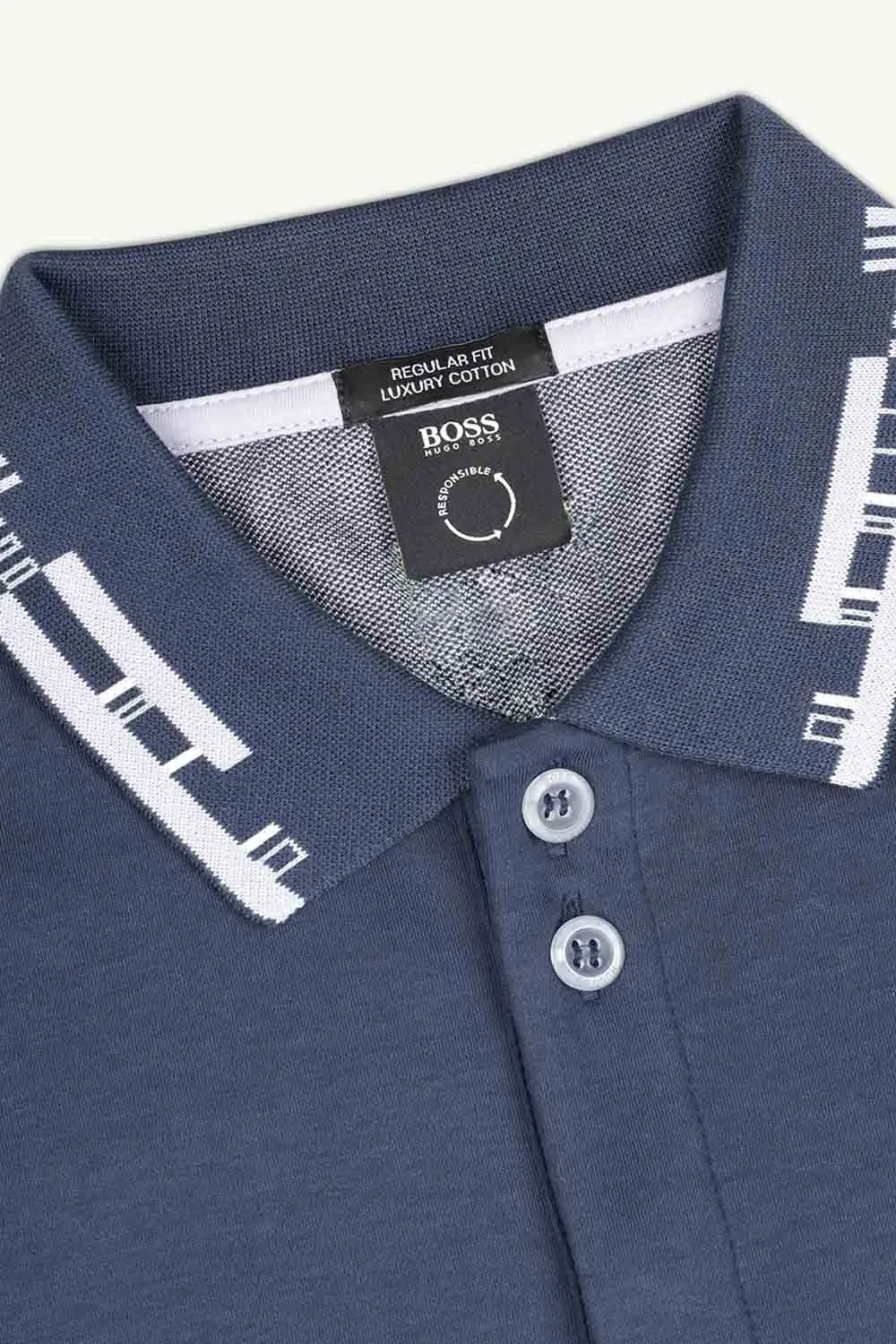 HUGO BOSS Men Regular Fit Polo Shirt in Dark Blue Cotton with Patterned Collar 3