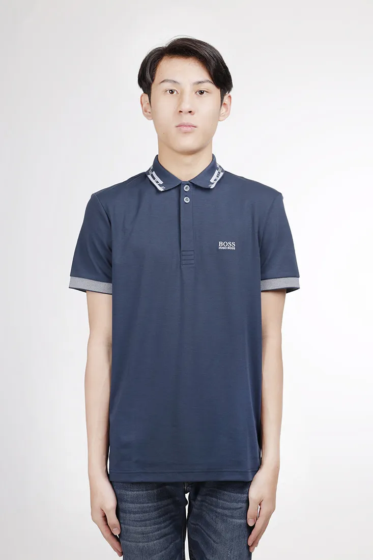 HUGO BOSS Men Regular Fit Polo Shirt in Dark Blue Cotton with Patterned Collar 4