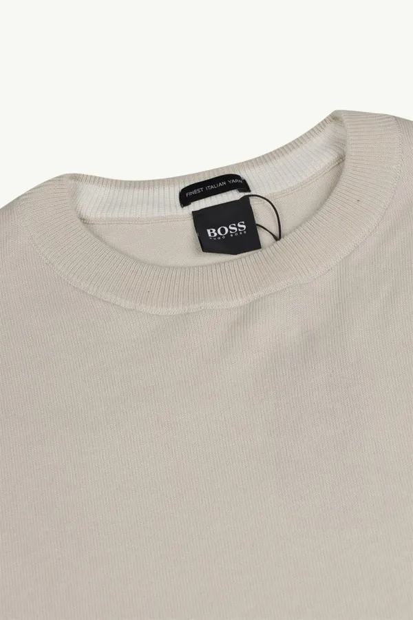 HUGO BOSS Men Pacas-L Reguler Fit Sweater in Cream Pure Cotton with Embroidered Logo 3