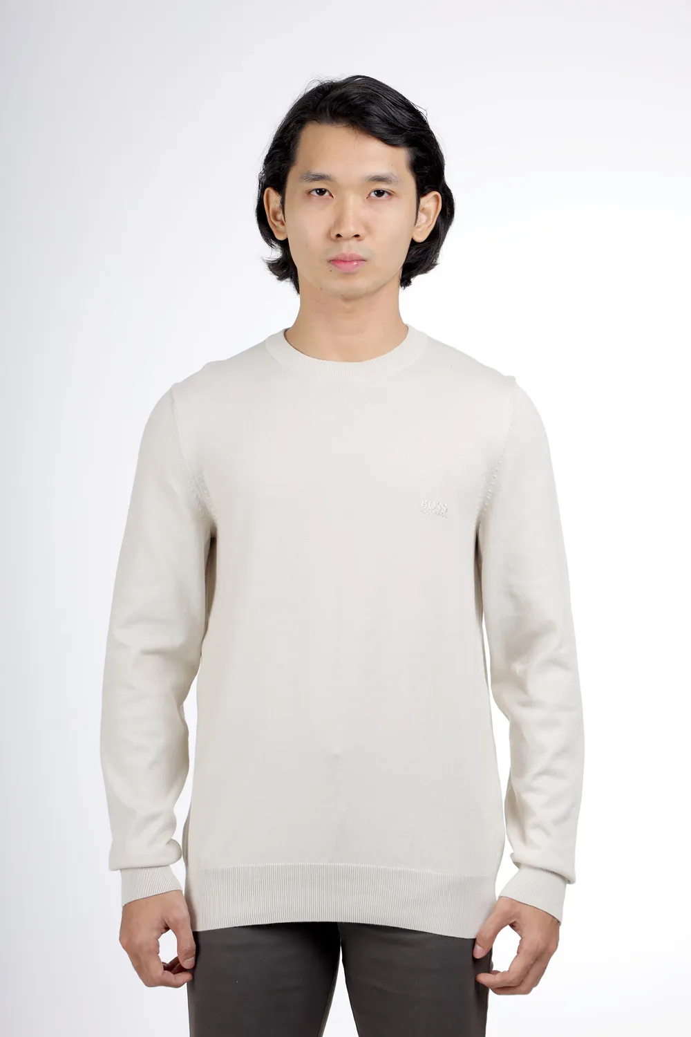 HUGO BOSS Men Pacas-L Reguler Fit Sweater in Cream Pure Cotton with Embroidered Logo 4