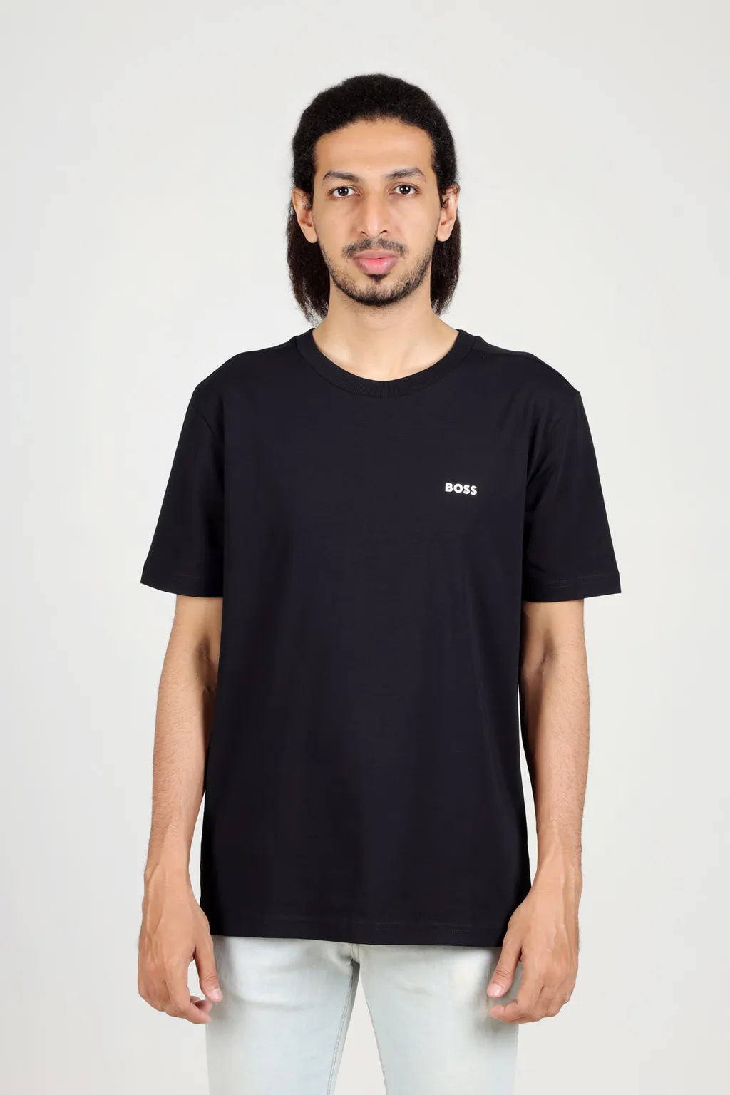 HUGO BOSS Men Tee Regular Fit T-Shirt in Black Stretch-Cotton with Contrast Logo 1