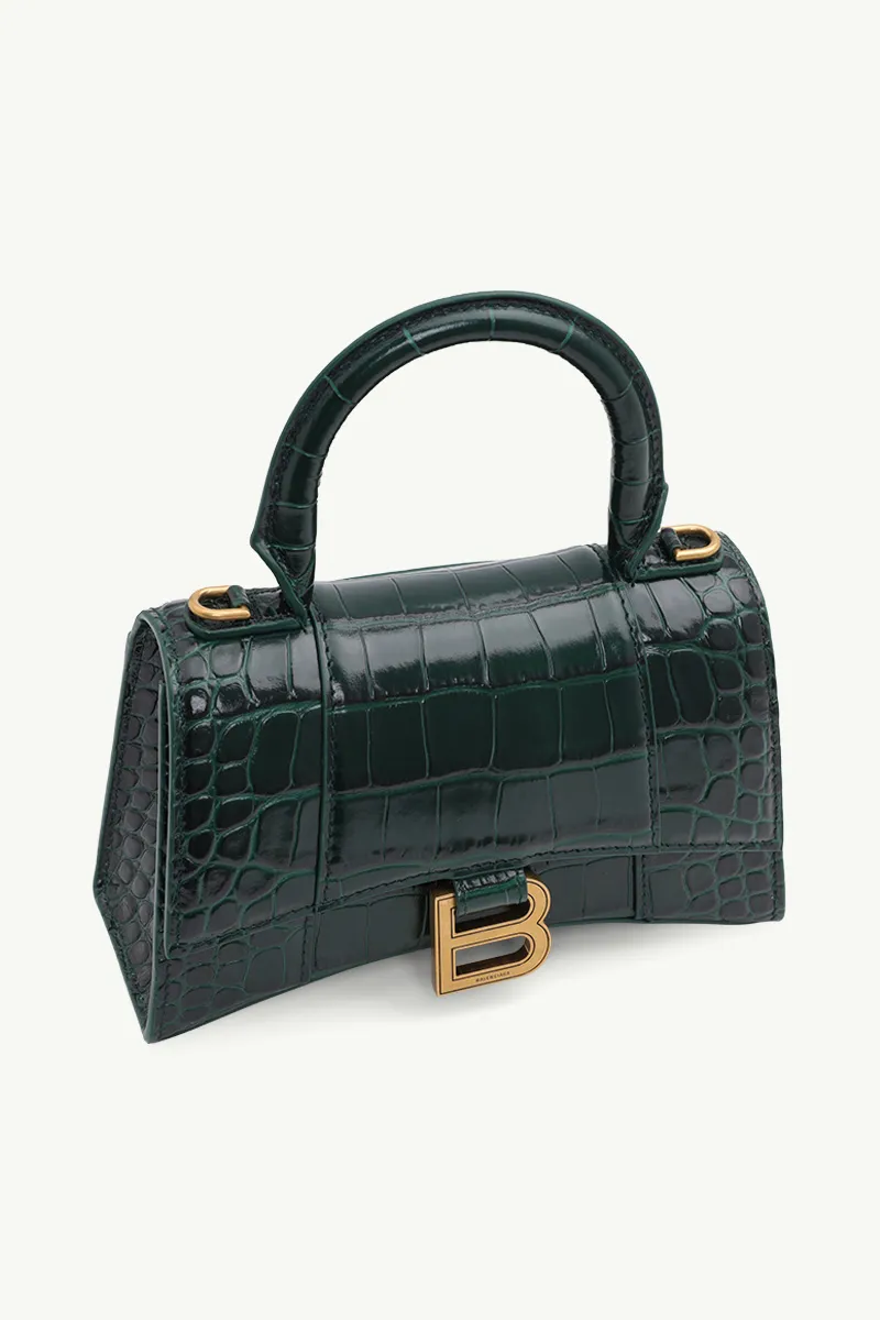 BALENCIAGA Hourglass Top Handle Bag XS in Forest Green Shiny Croco GHW 2