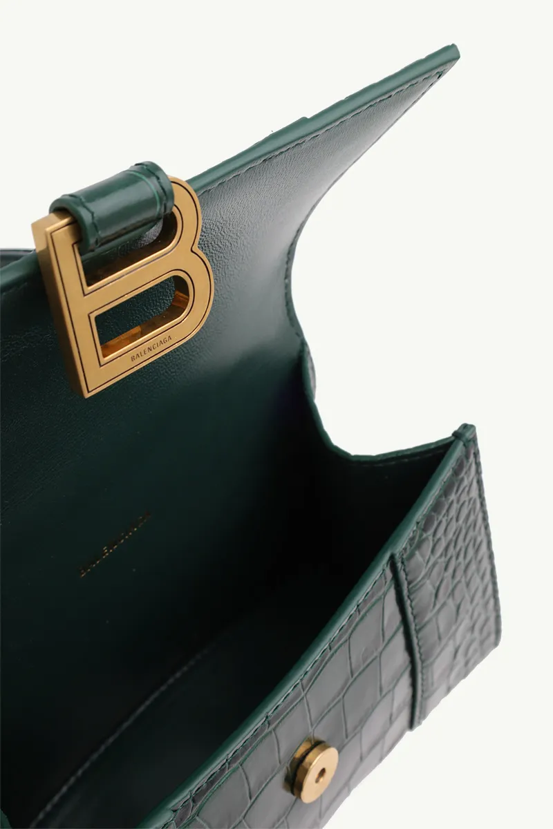 BALENCIAGA Hourglass Top Handle Bag XS in Forest Green Shiny Croco GHW 3