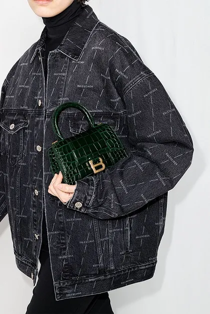BALENCIAGA Hourglass Top Handle Bag XS in Forest Green Shiny Croco GHW 4