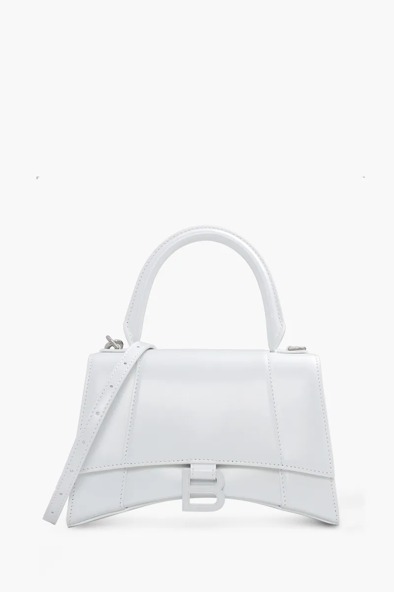 BALENCIAGA Hourglass Top Handle S in White Shiny Box Calfskin 0