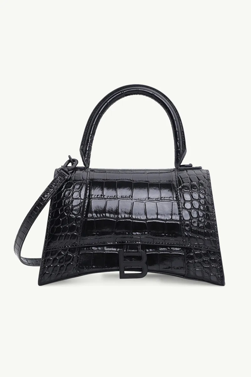 BALENCIAGA Hourglass Top Handle S in Black Shiny Croco Embossed BHW 0