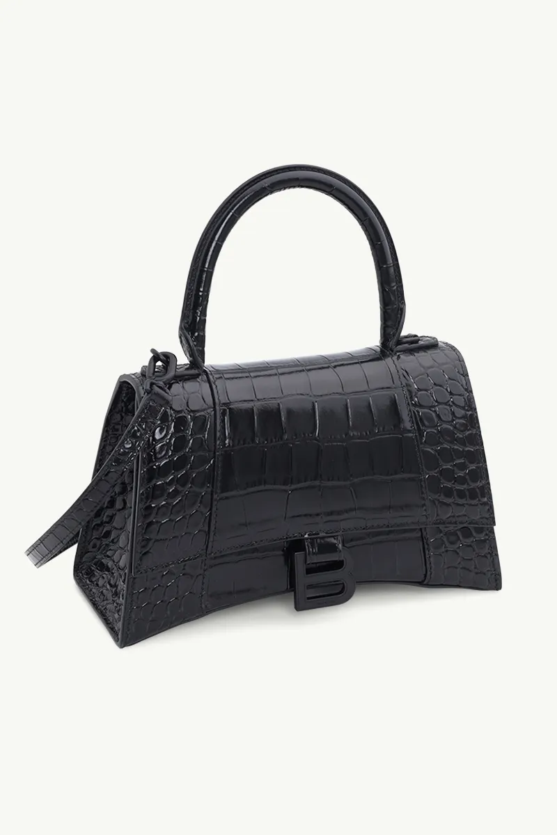 BALENCIAGA Hourglass Top Handle S in Black Shiny Croco Embossed BHW 2