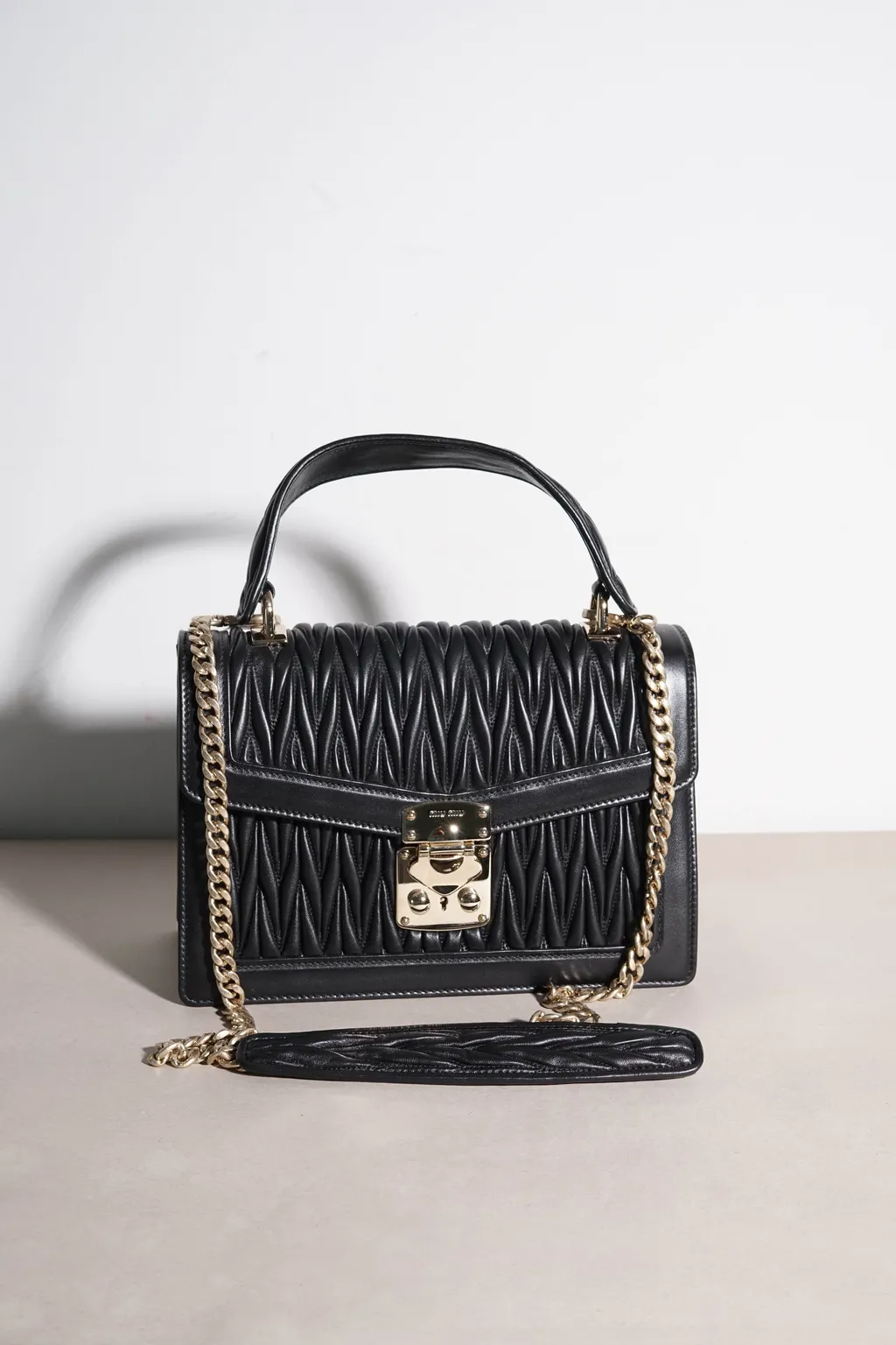 MIU MIU Confidential Matelasse Top Handle Shoulder Bag in Black Sheepskin Leather 0