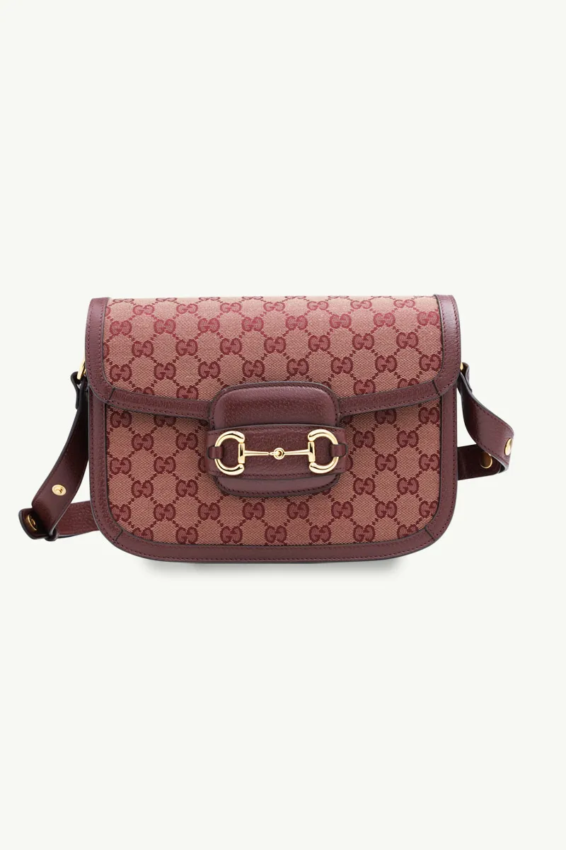 GUCCI GG Supreme 1955 Horsebit Shoulder Bag in Beige/Burgundy GHW 0