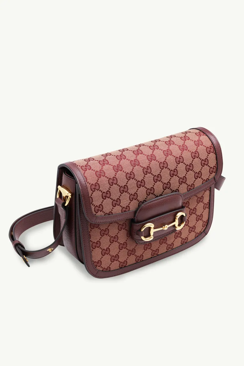 GUCCI GG Supreme 1955 Horsebit Shoulder Bag in Beige/Burgundy GHW 2