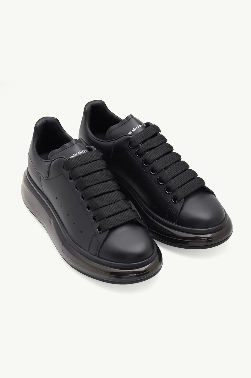 ALEXANDER MCQUEEN Women Transparent Oversized Lace-up Sneakers in All Black Smooth Leather 1