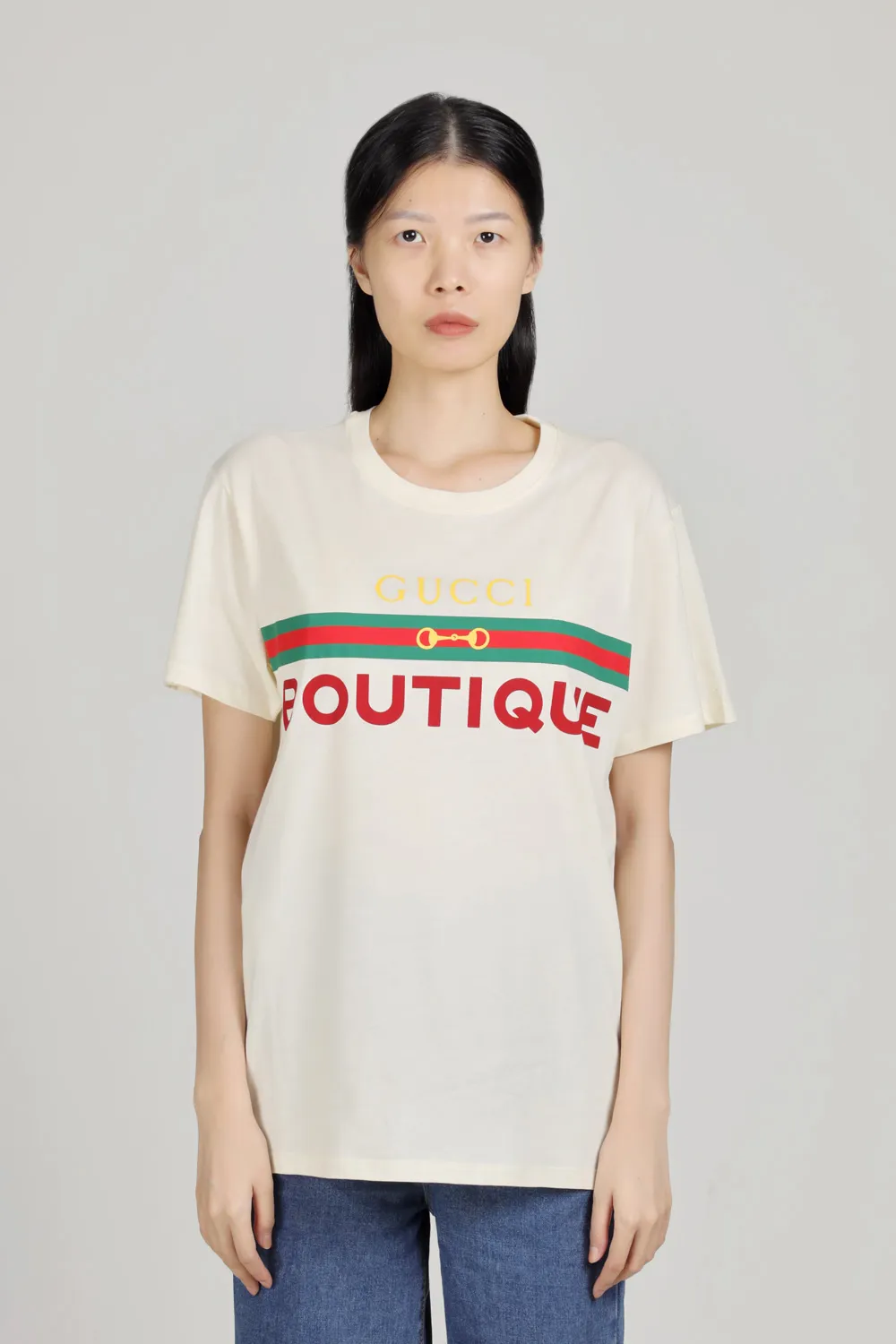 GUCCI Women Gucci Boutique Print Oversize T-Shirt in Off White Cotton 1