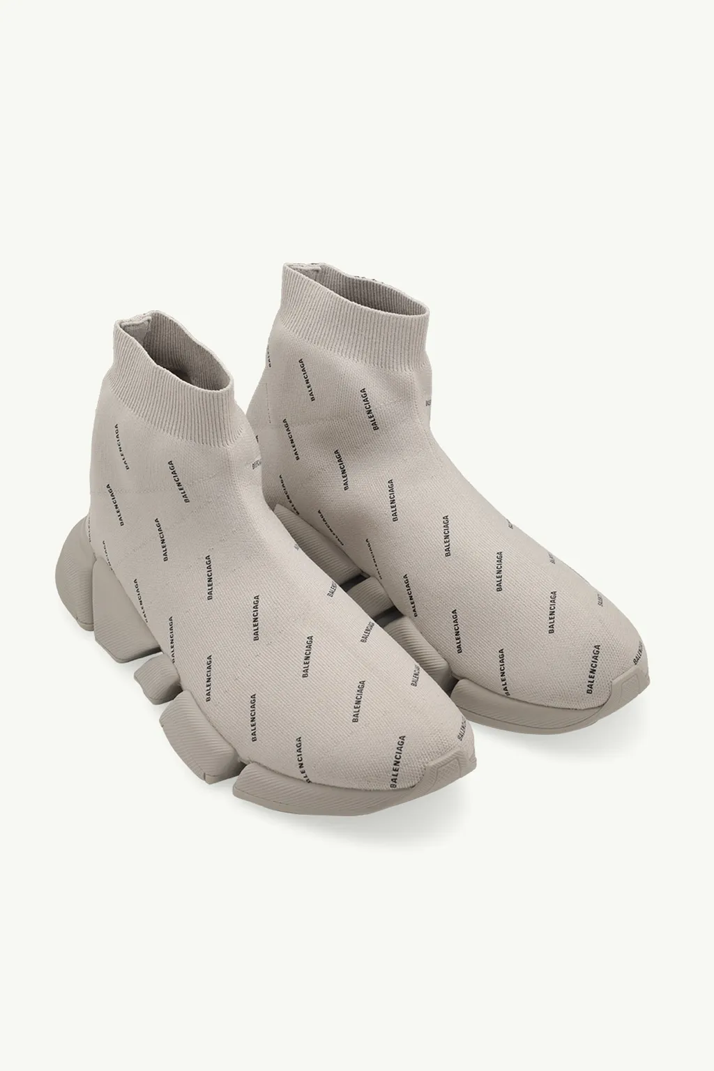 BALENCIAGA Men Speed 2.0 Sneakers in Beige/Black Recycled Knit with All Over Logo 1