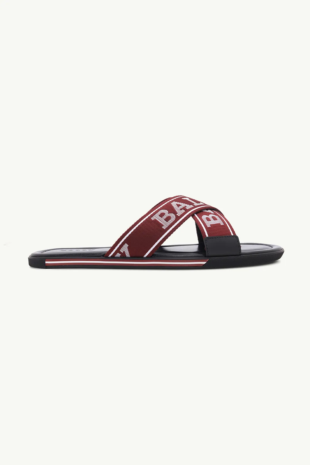 BALLY Men Bonk Bally Border Crossover Sandals in Black with Red/White Stripe 0