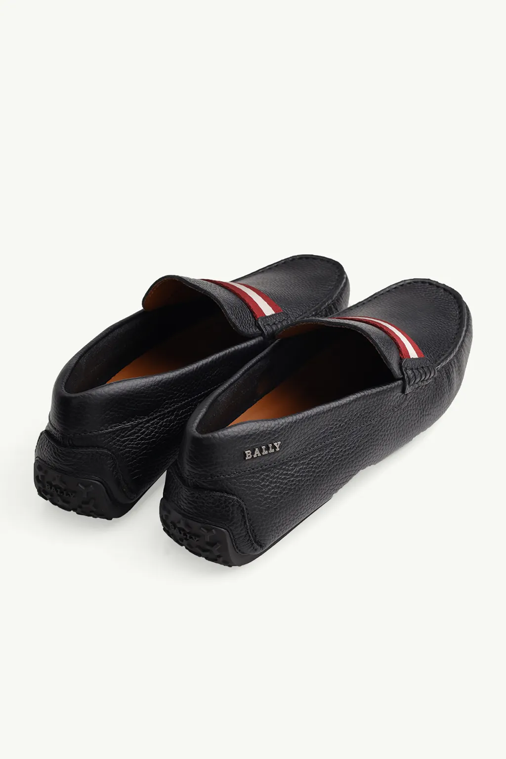 BALLY Men Driver Pearce Loafers in Black Bovine Grained with Red/White Stripe 2