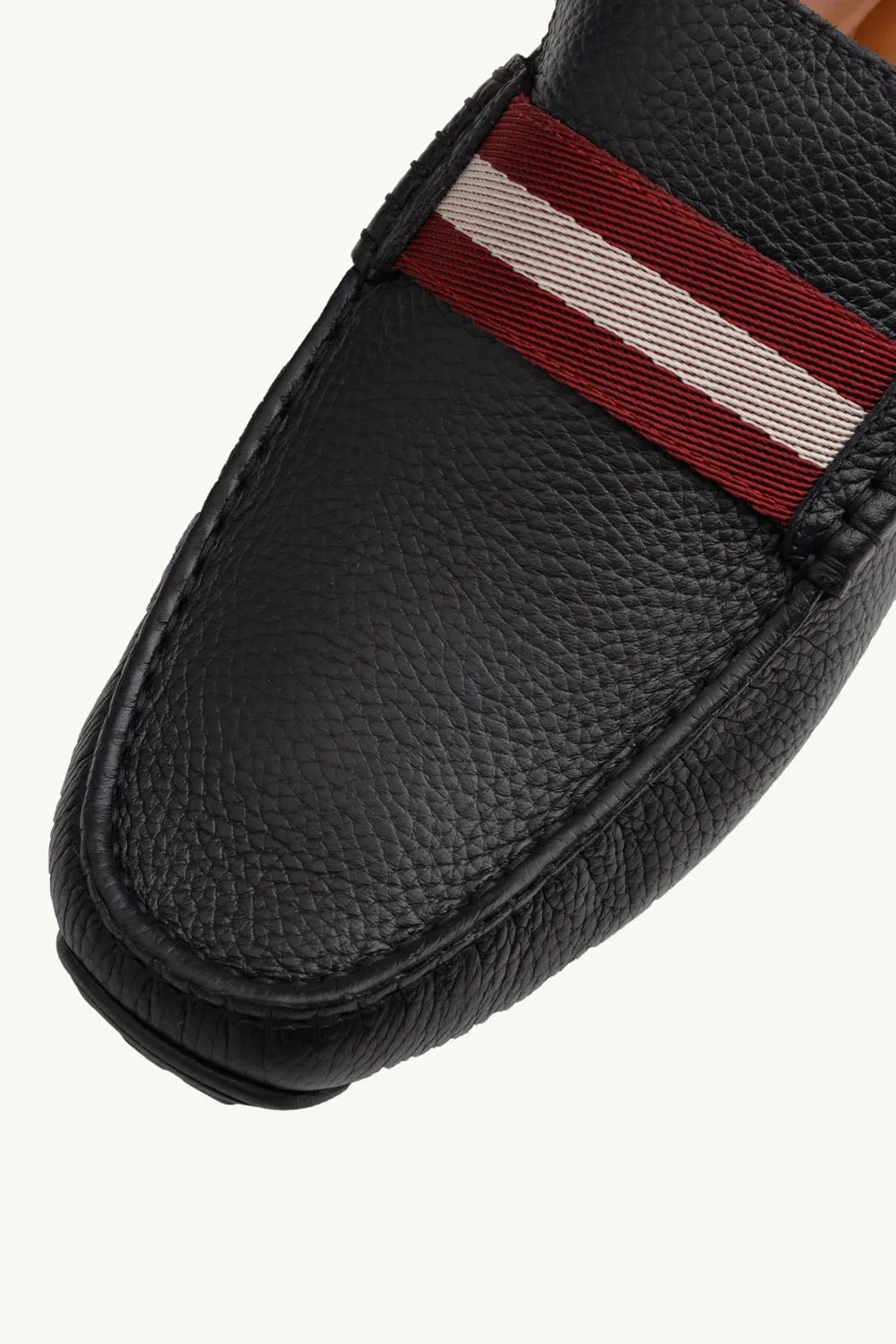 BALLY Men Driver Pearce Loafers in Black Bovine Grained with Red/White Stripe 4