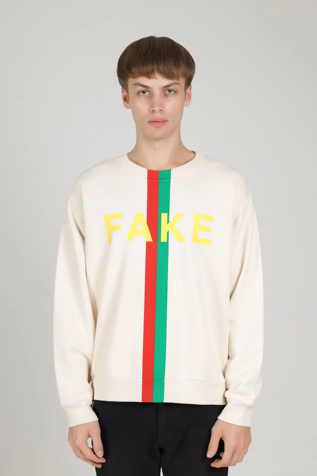 GUCCI Men 'Fake/Not' Print Oversize Sweatshirt in Off White with Web Stripe 1