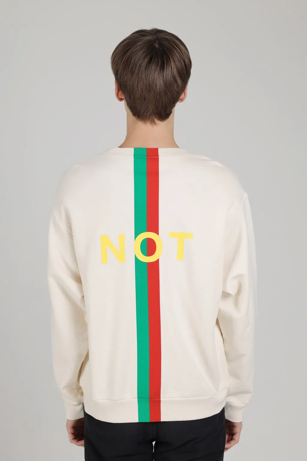 GUCCI Men 'Fake/Not' Print Oversize Sweatshirt in Off White with Web Stripe 2